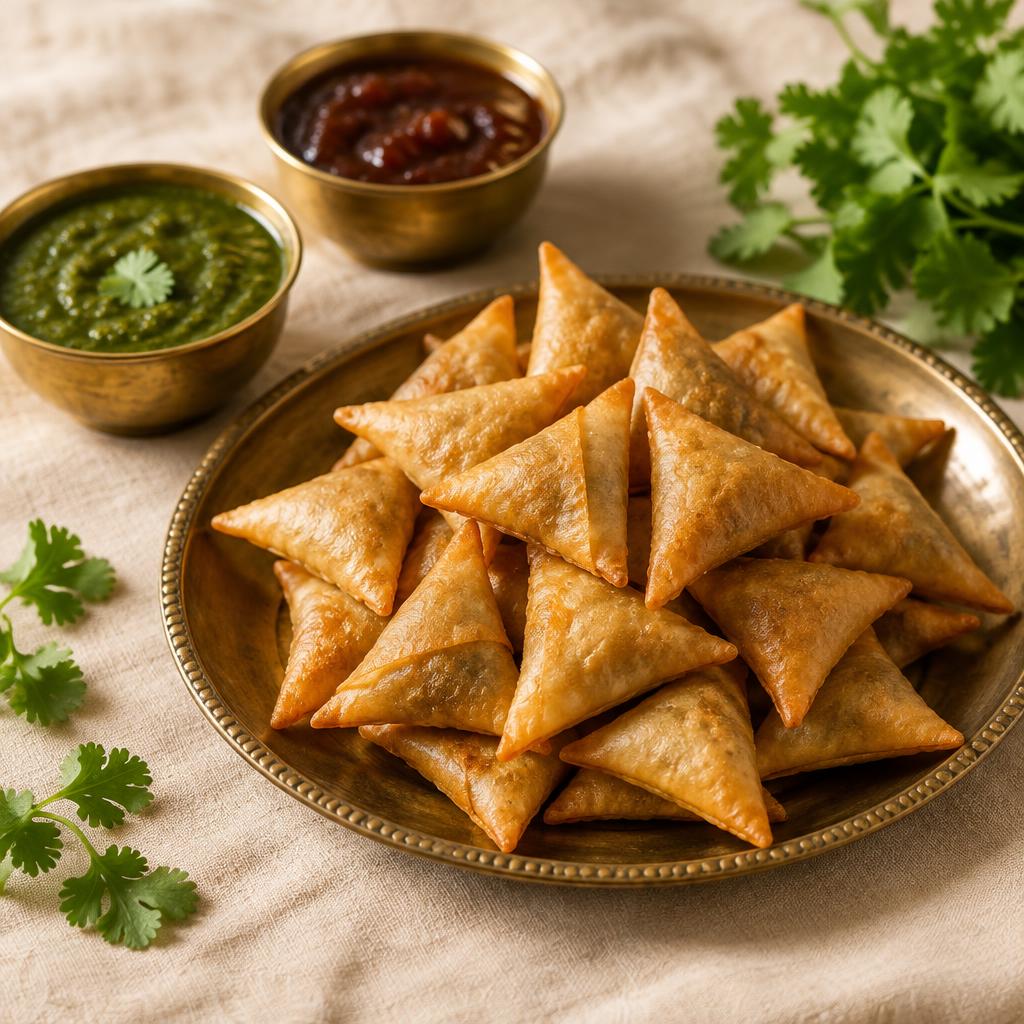 Golden halaal samoosas with chutneys
